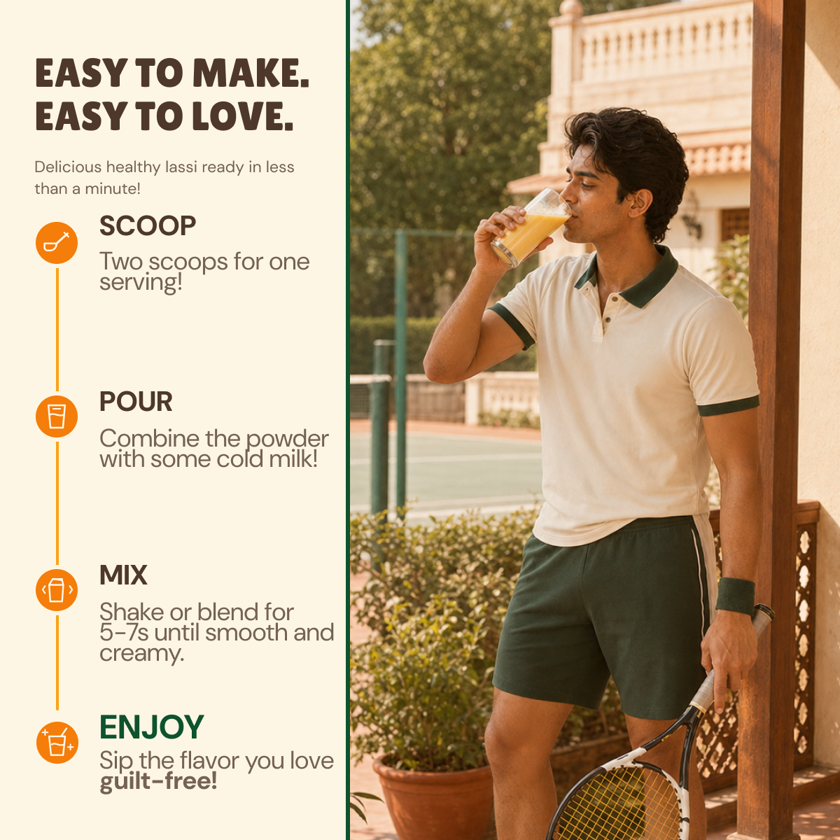 A man in a white polo shirt and green shorts stands on a patio holding a tennis racket and drinking from a cup, with a recipe-style graphic on the left explaining how to make a mango latte.